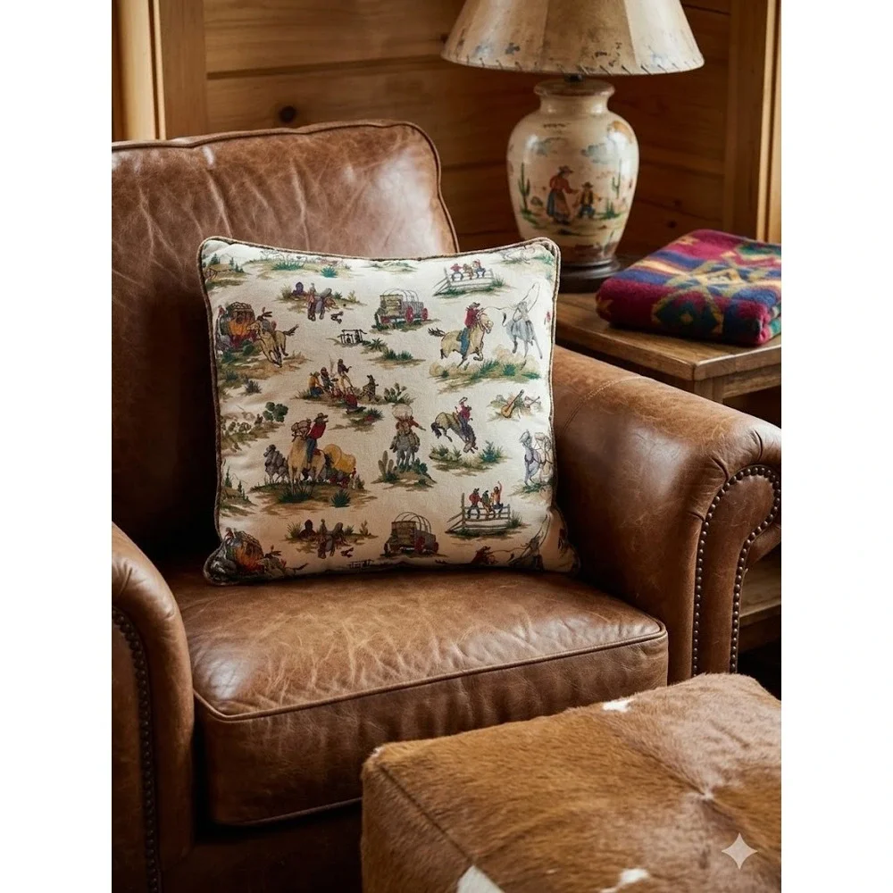 Vintage Cowboy‎ Western Rodeo Throw Pillow 18x18 Khaki Button Accent Decorative